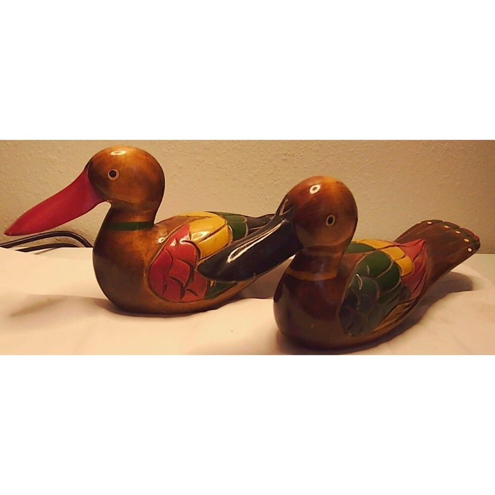 2 Vintage Hand Crafted Artisan Wooden Ducks.  11"x3"x4.75"